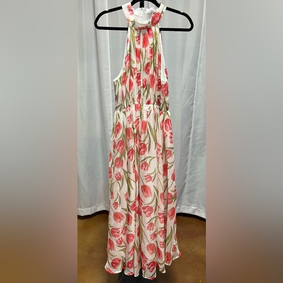Fehaute Pink Pleated Floral Chiffon Halter Sleeveless A-Line Maxi Dress NWT | 10 - Picture 1 of 10